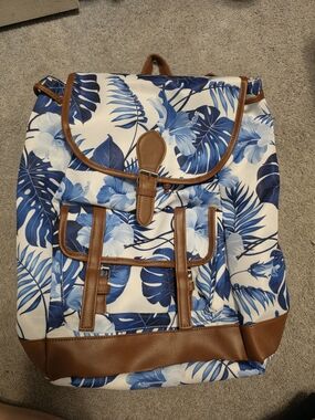 Canvas Floral Blue Backpack with Brown Trim